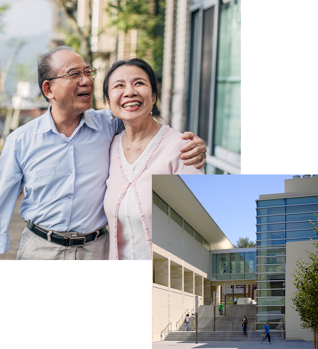 elderly couple walking and smiling