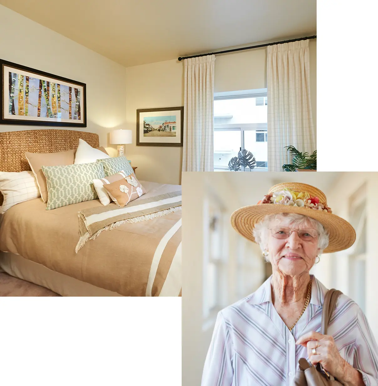 senior woman smiling wearing a nice floral hat