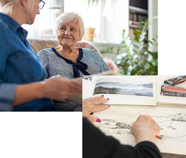 montage of senior woman talking and a woman making a drawing w in pencil