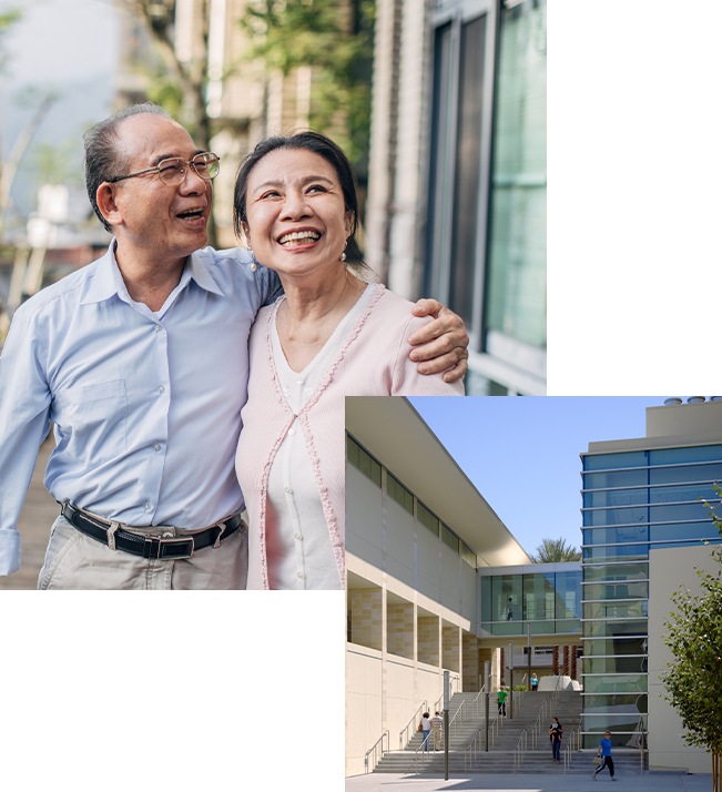 elderly couple walking and smiling