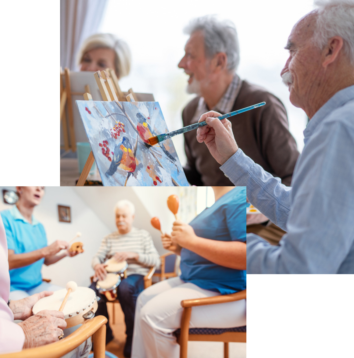montage of a group seniors painting and playing musical instruments