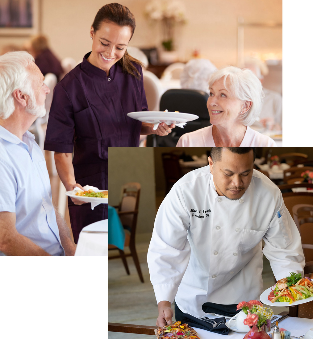 dining montage. couple smiling at waitress upon food arrival and chef deliving food