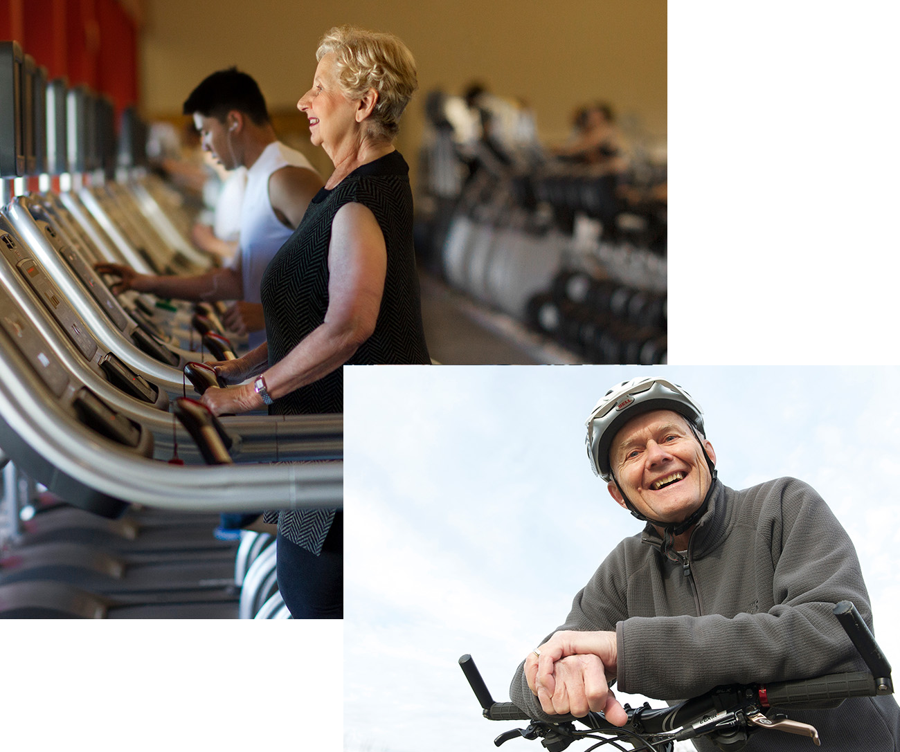 montage of senior woman walking on treadmill at the gym and senior man biking outdoors