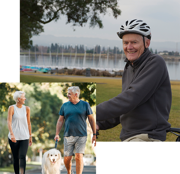 senor man biking and image of senior couple walking a dog
