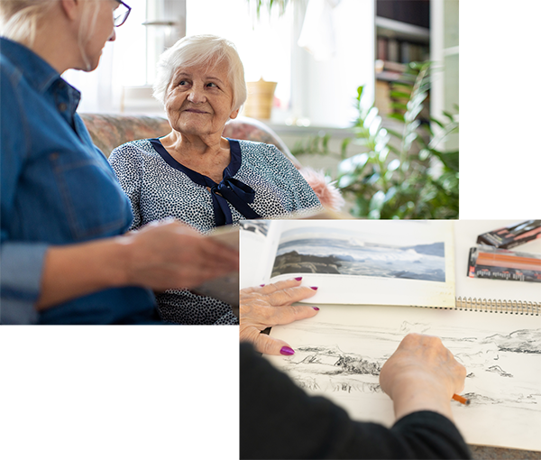montage of senior woman talking and a woman making a drawing w in pencil
